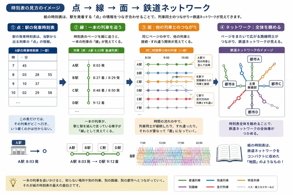紙の時刻表は、鉄道ネットワークをコンパクトに収めた「地図」のようなもの。