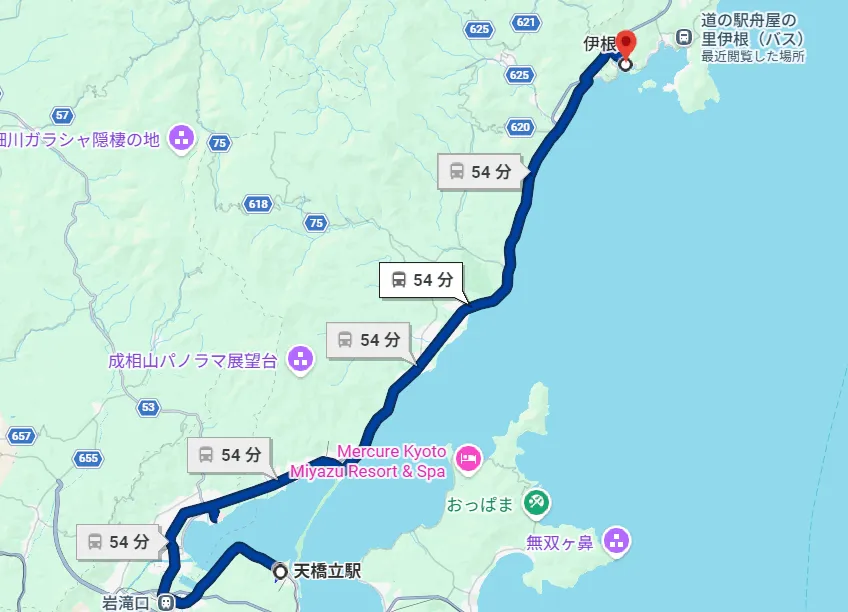 天橋立駅から伊根への路線バス経路。