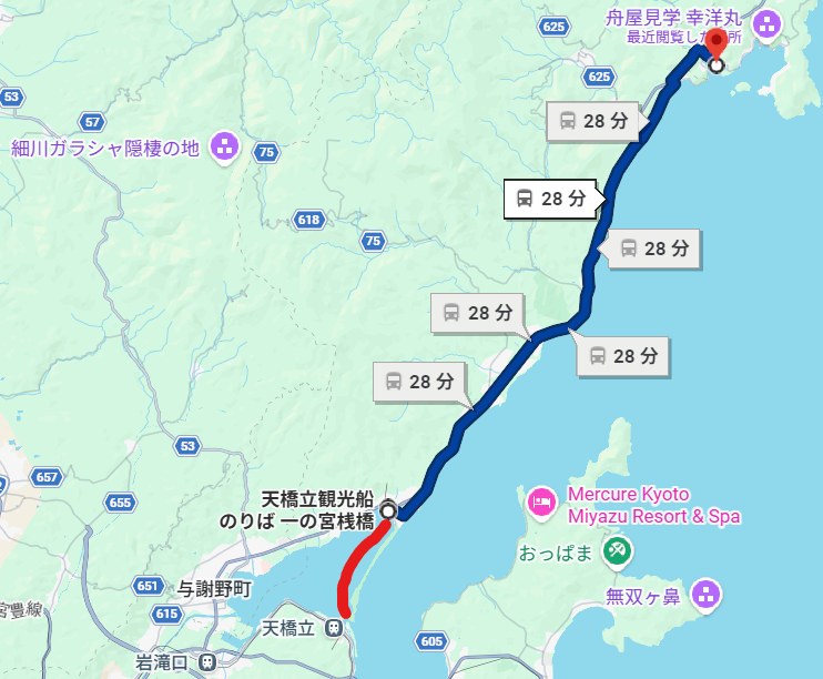 天橋立観光船と路線バスを乗り継いで伊根へ向かった場合の経路。